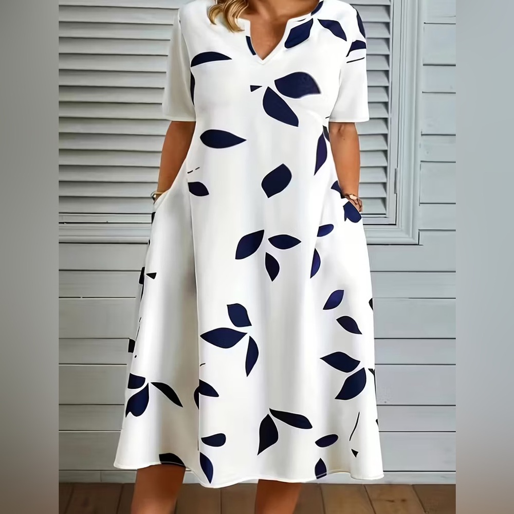 Elegant White and Blue Leaf Print Dress